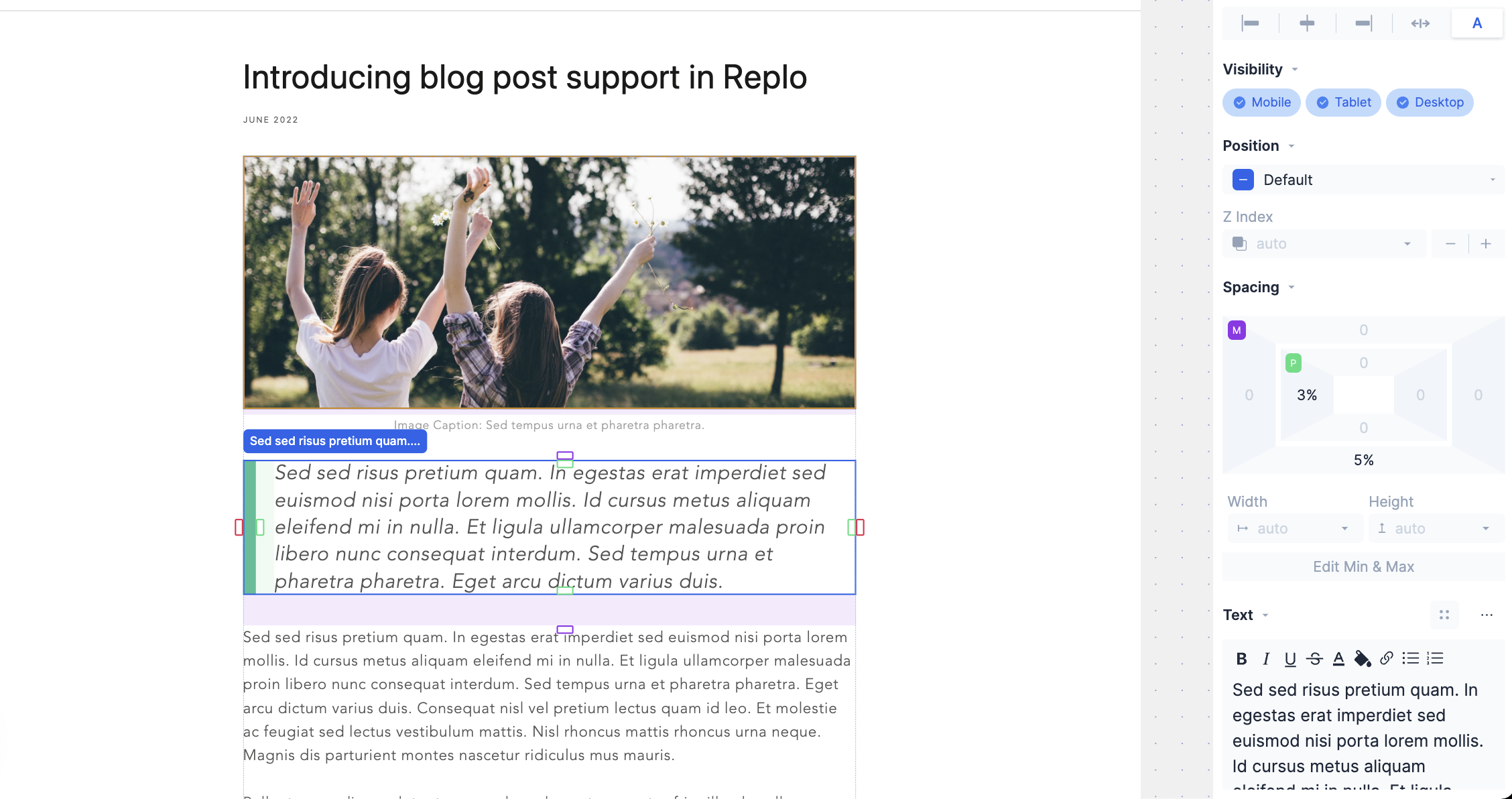 Screenshot of editing a blog post in replo