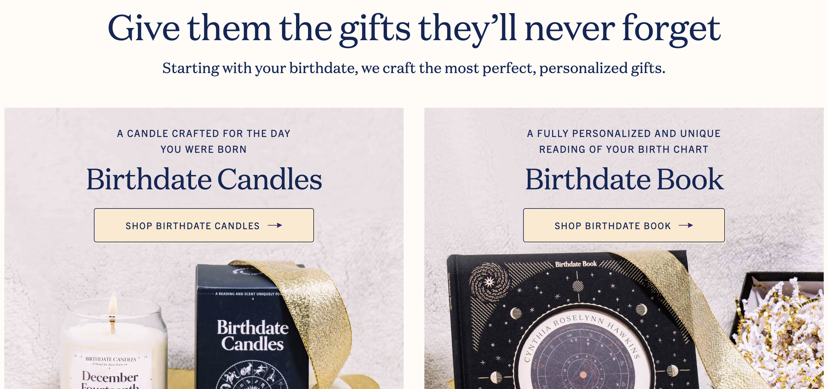 Birthdate Homepage showing two popular products, Birthdate Candles and Birthdate Book