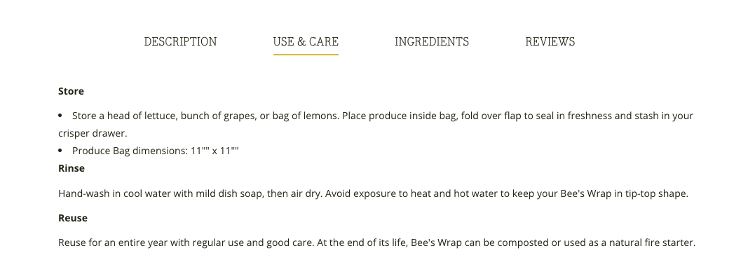 Bee’s Wrap's product page featuring tabbed content