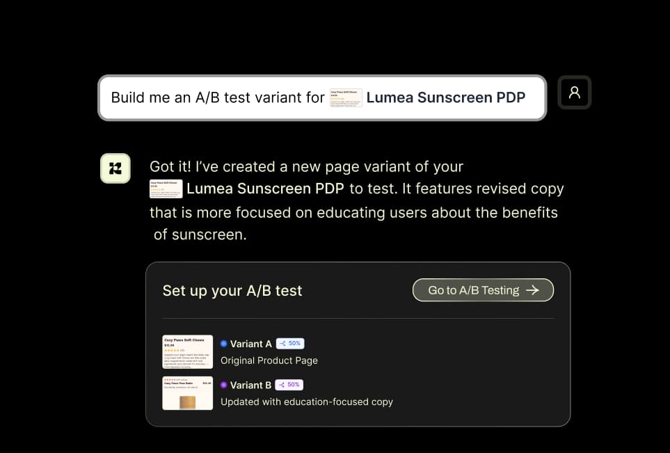 AI-generated A/B test setup inside Replo