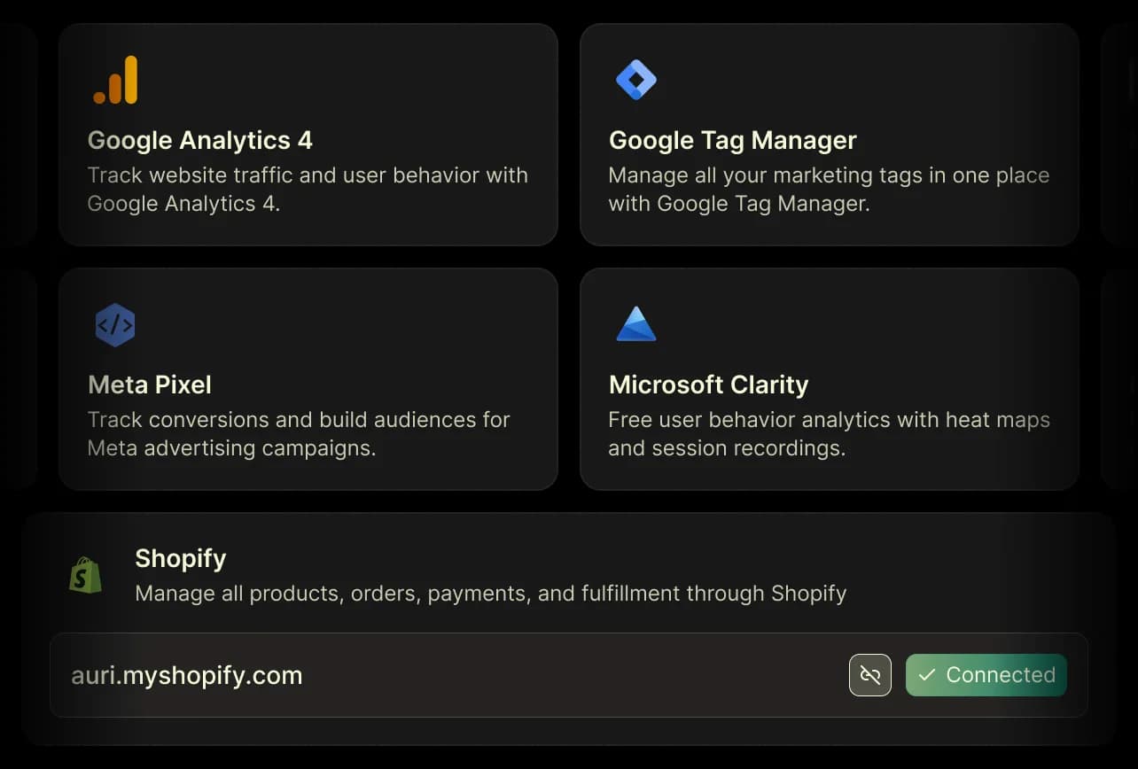 Integrations: Google Analytics, Tag Manager, Meta Pixel, Microsoft Clarity, Shopify