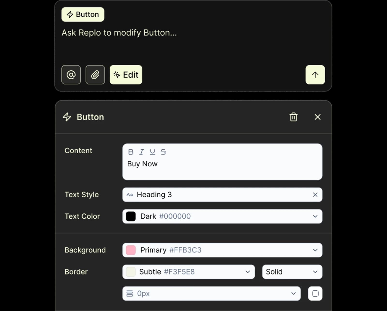 Button styling panel with content, text style and color modifiers
