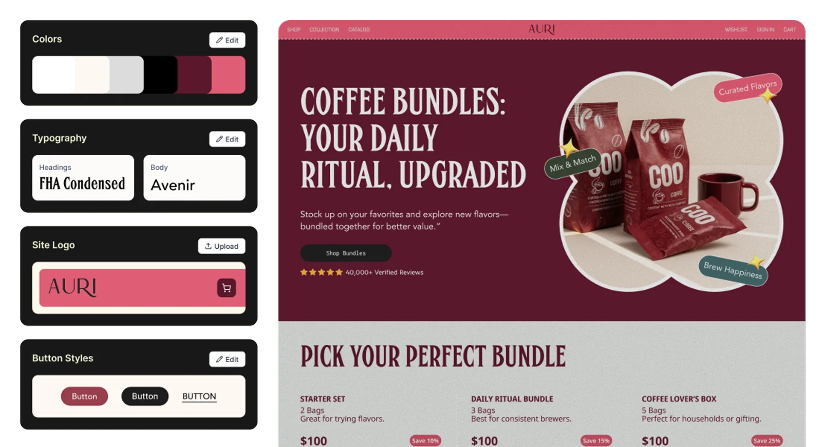 Replo global styles applied to a coffee bundle landing page