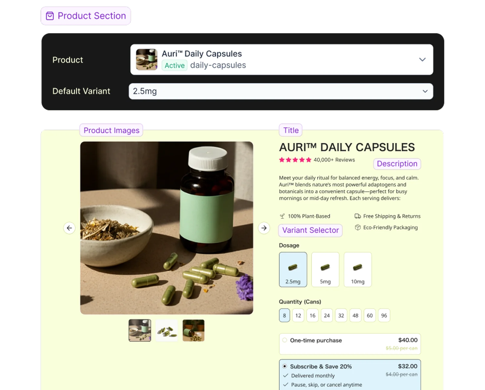 Auri Daily Capsules product page with dynamic data fields