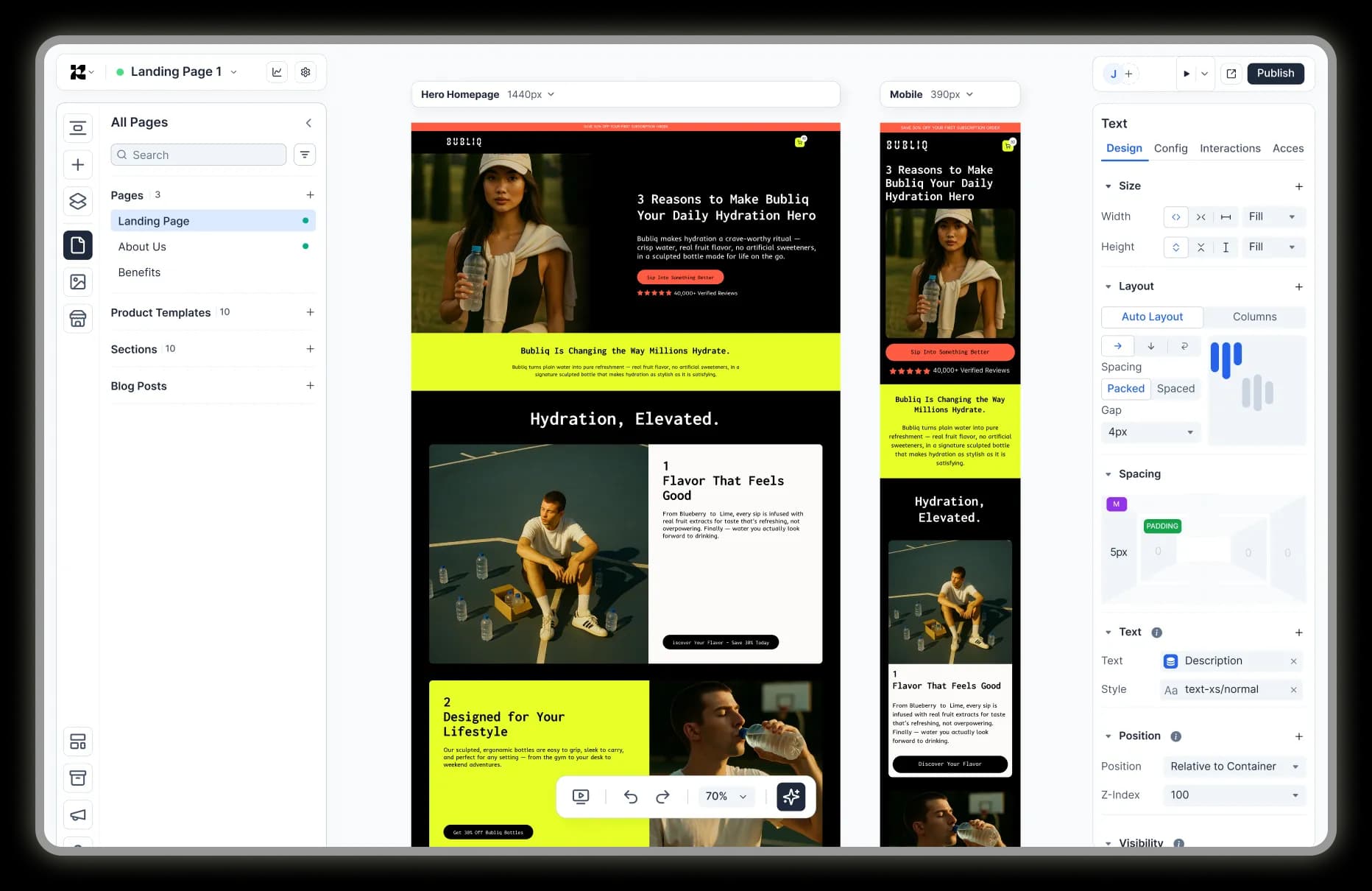 Replo theme builder editor showing a Shopify landing page being assembled