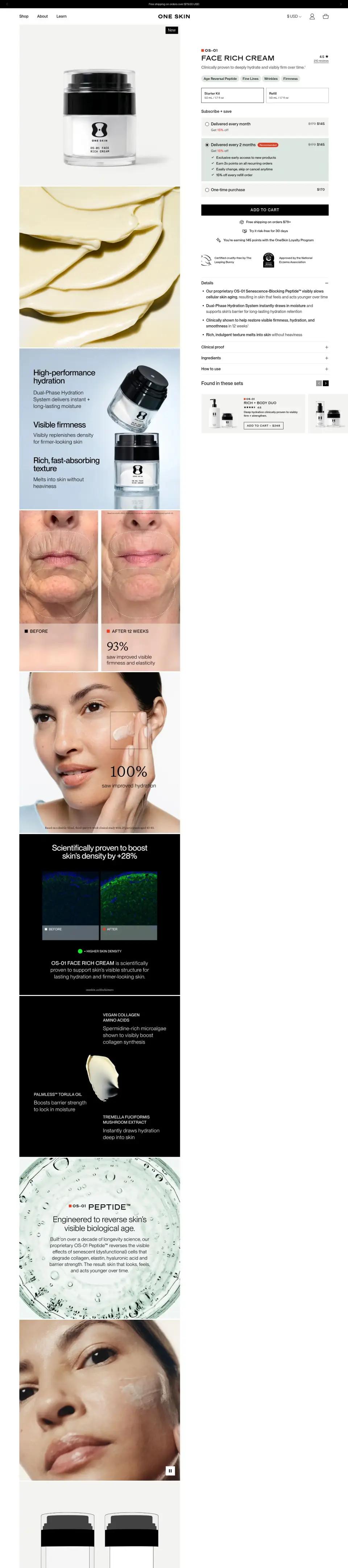 OneSkin product page on desktop