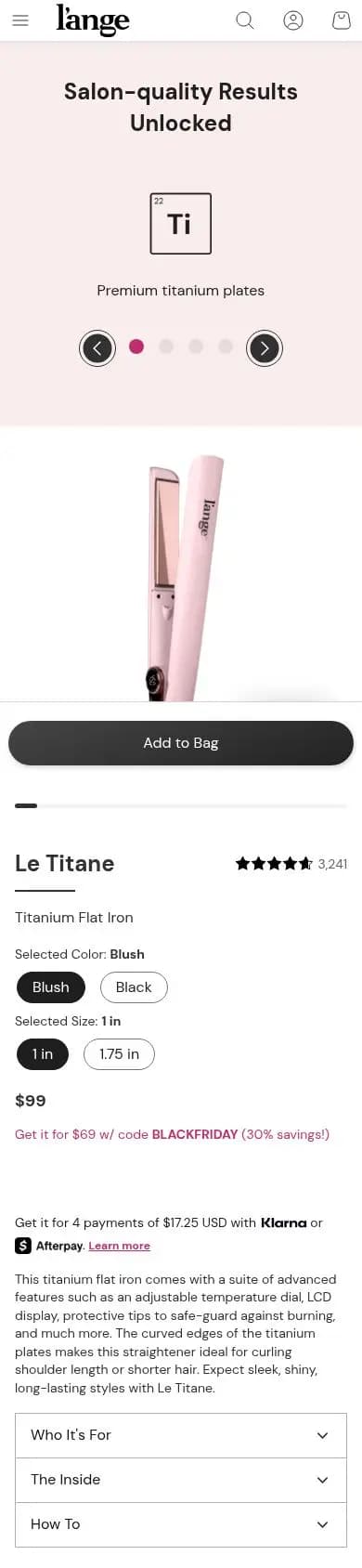 L'ange product page on a phone