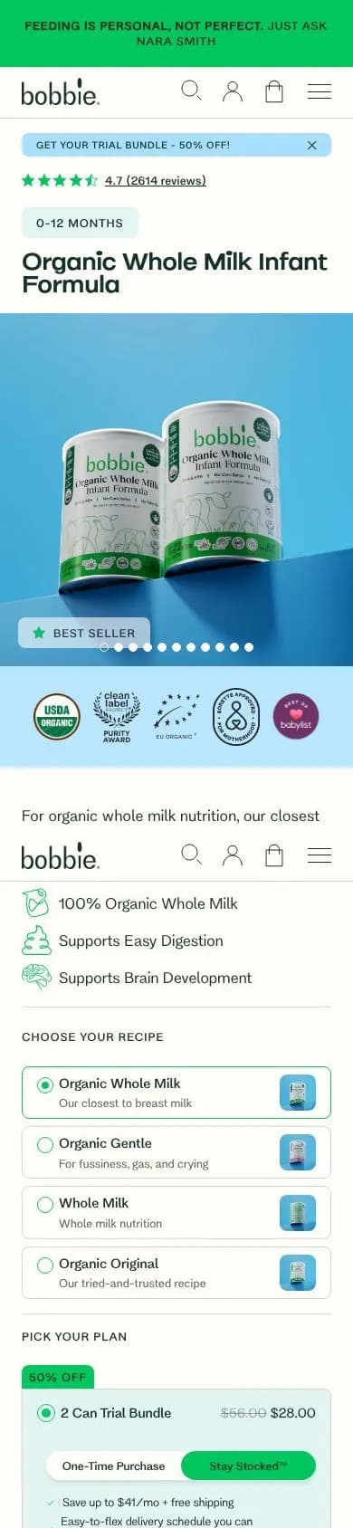 Bobbie product page on a phone