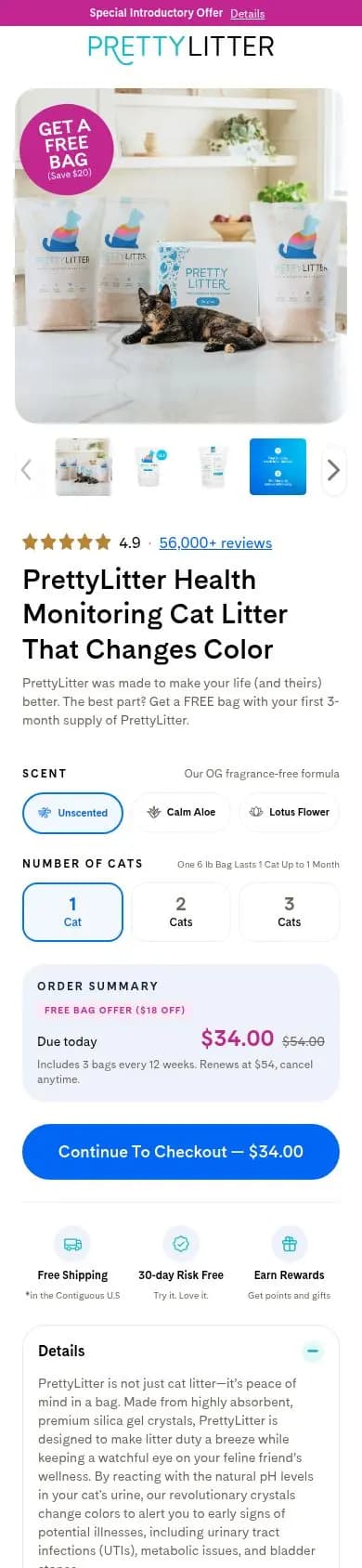 PrettyLitter offer page on a phone