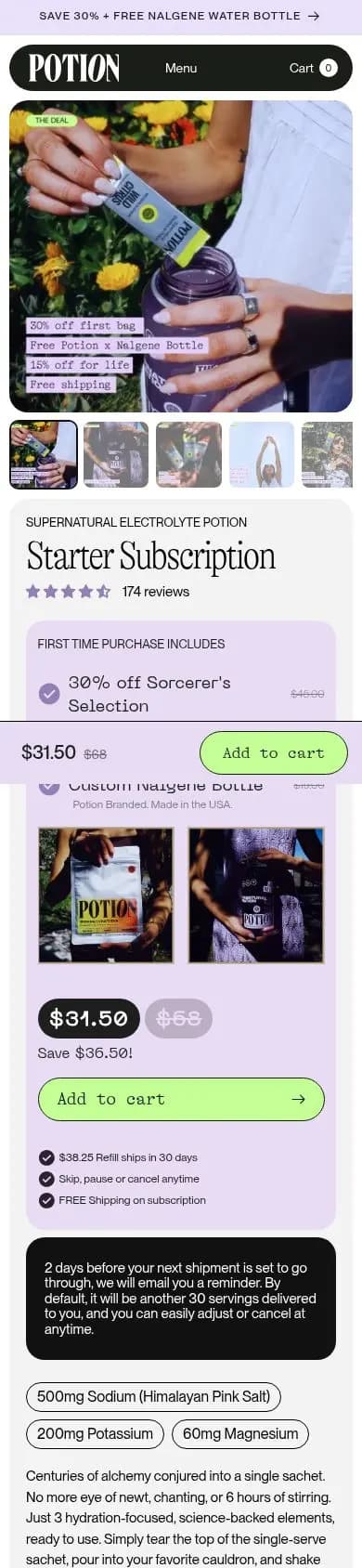 Potion product page on a phone