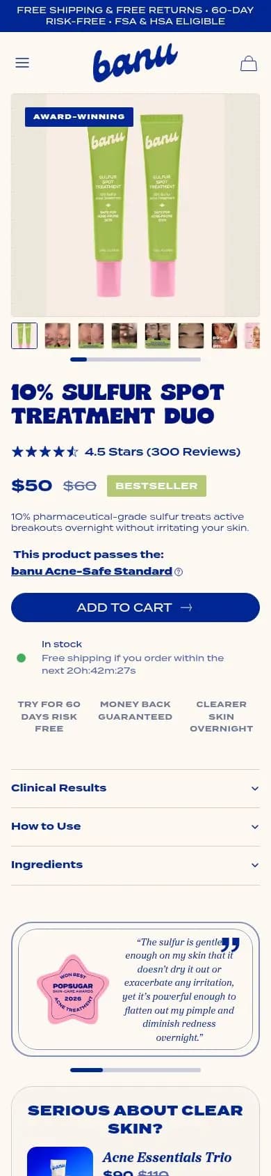 banu product page on a phone