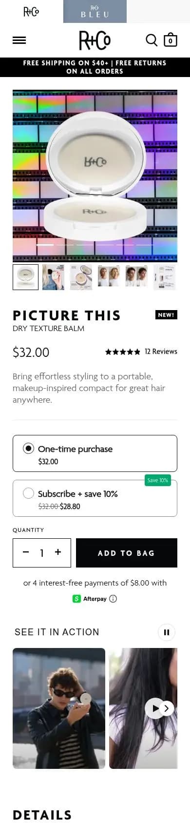 R+Co product page on a phone