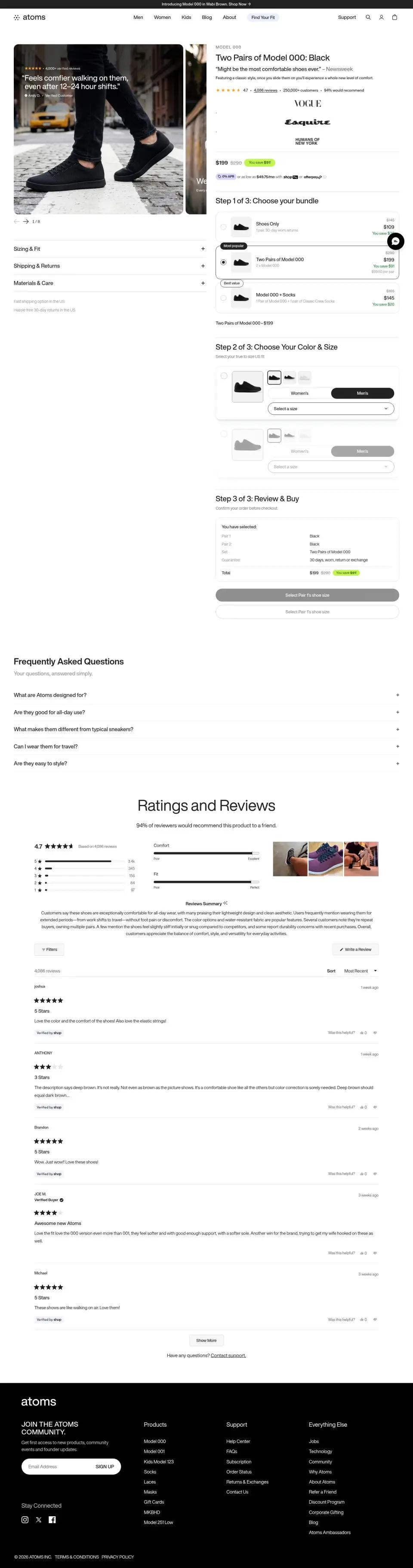 Atoms product page on desktop