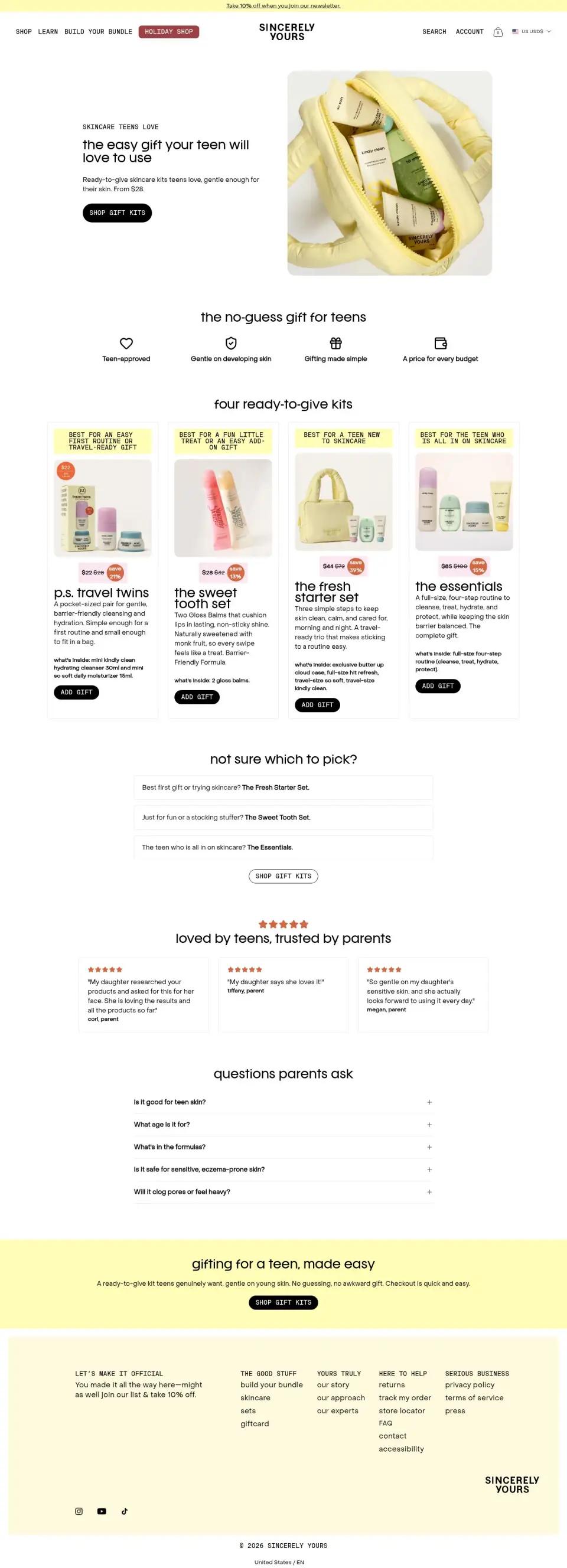 Sincerely Yours offer page on desktop