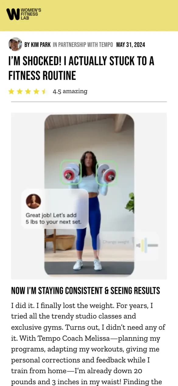A Women's Fitness Lab review on a phone, in partnership with Tempo: “I'm shocked! I actually stuck to a fitness routine” over a photo of a woman training with dumbbells