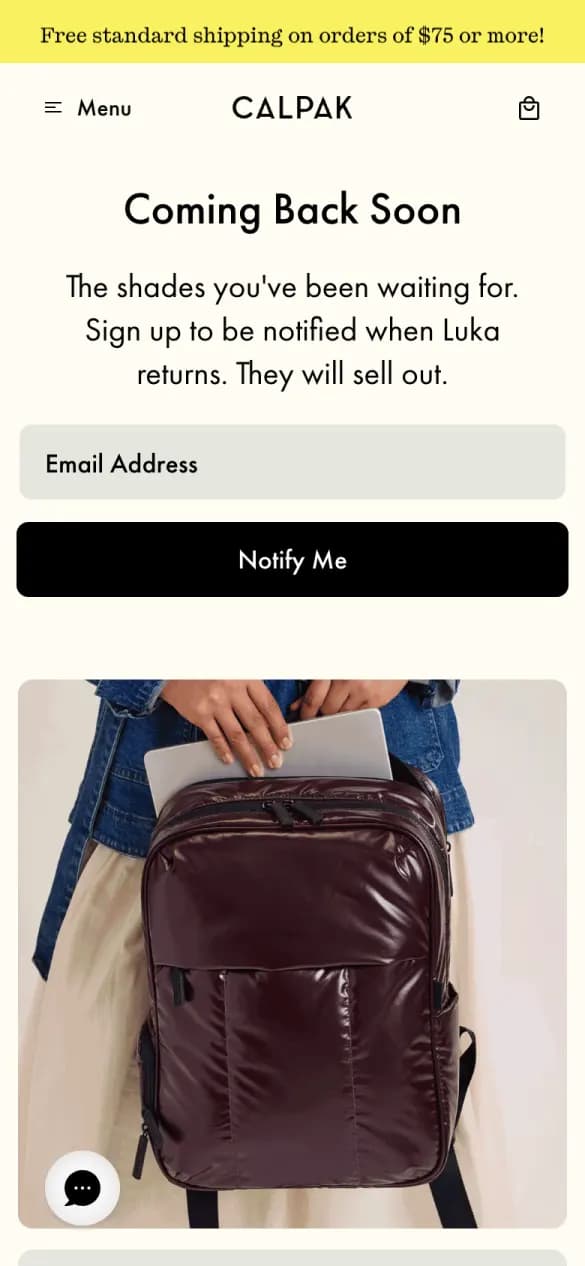 CALPAK's restock page on a phone: “Coming back soon” with an email field and a Notify me button above a backpack photo