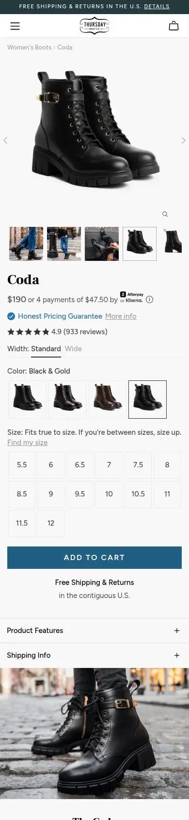Thursday Boots product page on a phone