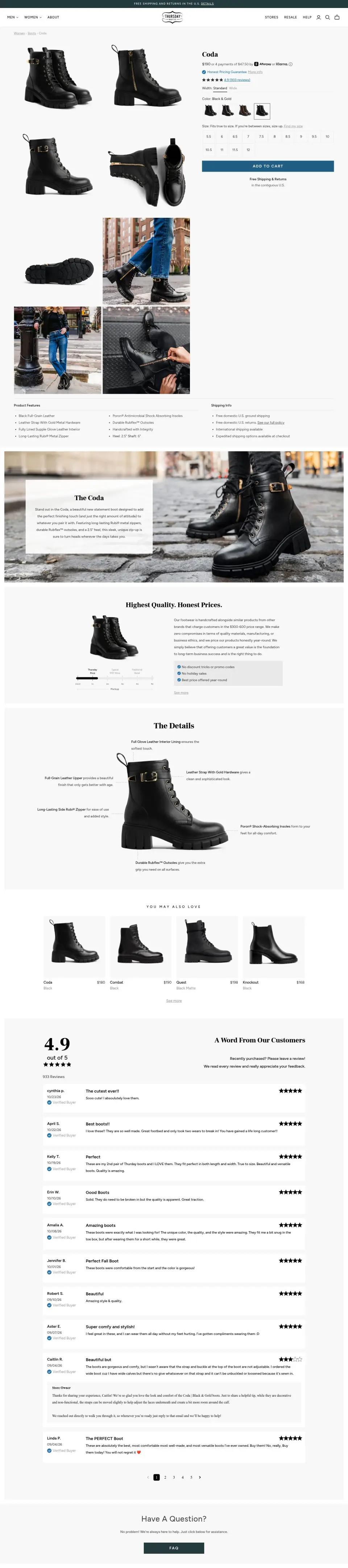 Thursday Boots product page on desktop