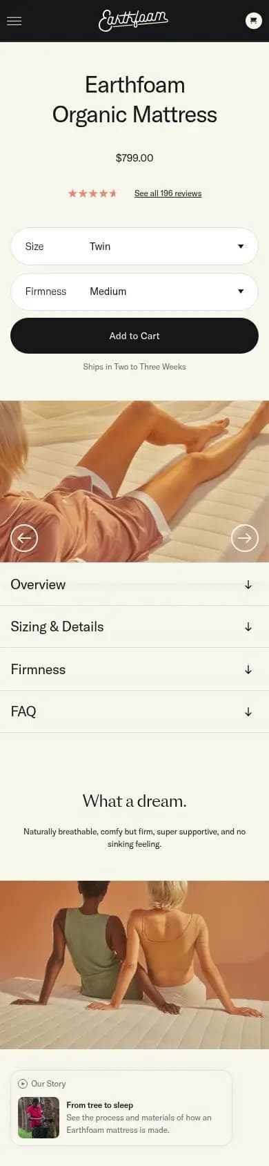Earthfoam product page on a phone