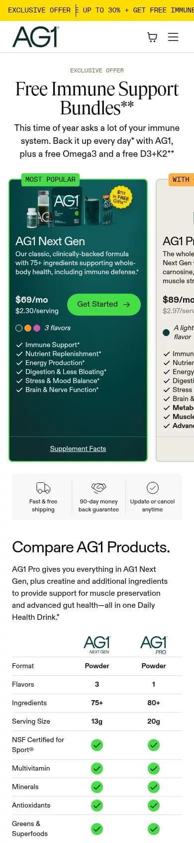 AG1 offer page on a phone