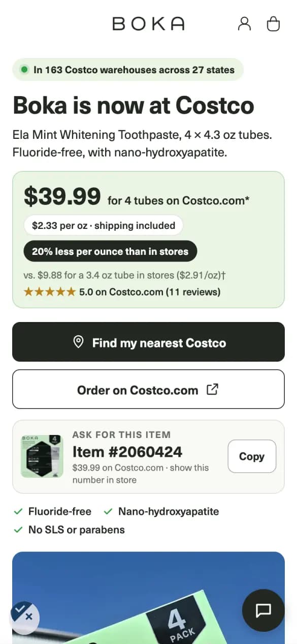 Boka's Costco page on a phone: “Boka is now at Costco”, $39.99 for four tubes and a Find my nearest Costco button