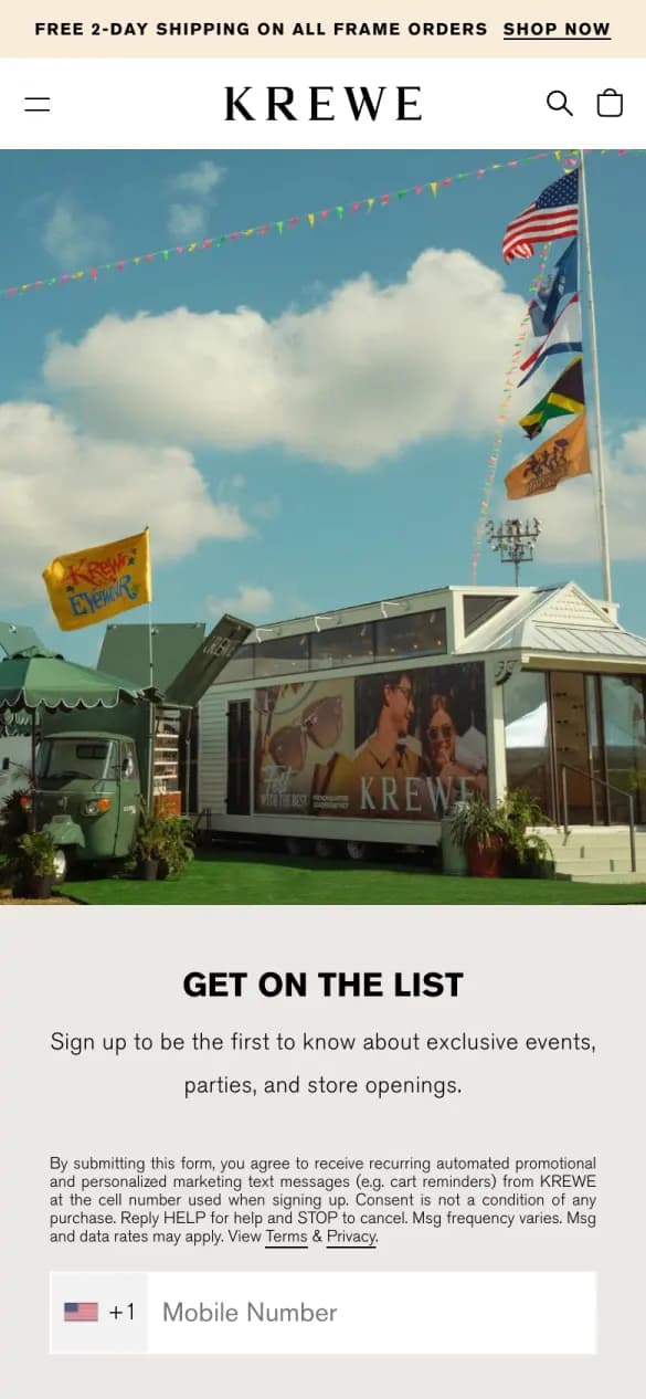KREWE's sign-up page on a phone: a storefront photo above “Get on the list” and a mobile number field