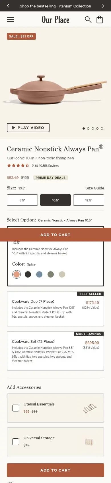Our Place product page on a phone