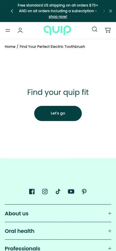 quip's brush quiz on a phone: “Find your quip fit” with a single “Let's go” button