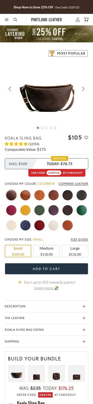 Portland Leather Goods product page on a phone