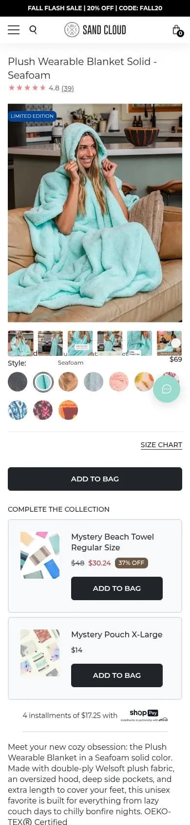 Sand Cloud product page on a phone