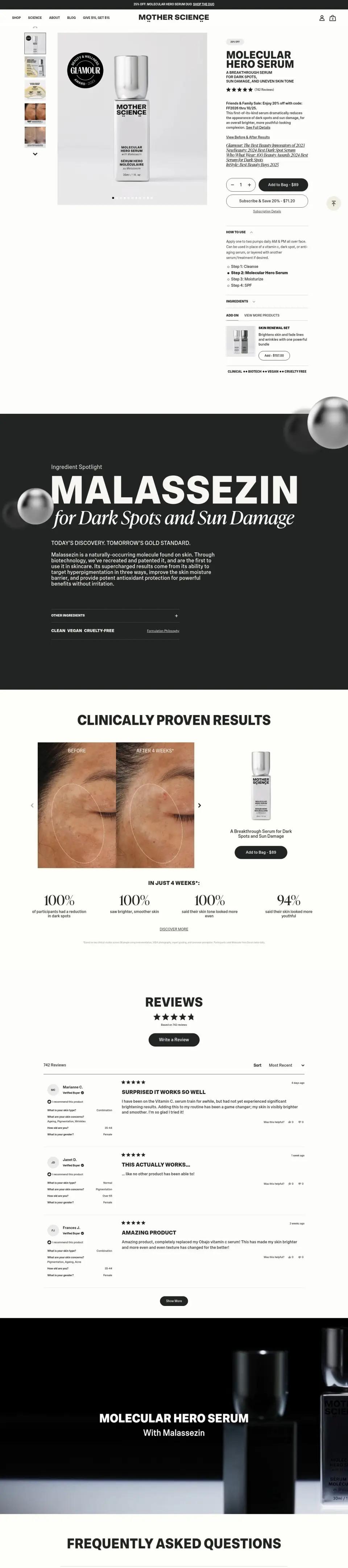 Mother Science product page on desktop