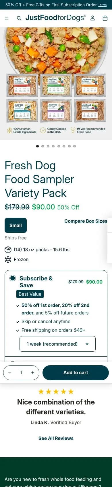 JustFoodForDogs product page on a phone