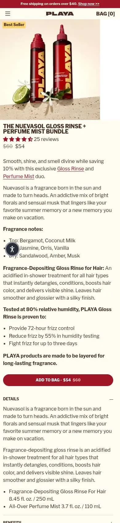 PLAYA product page on a phone