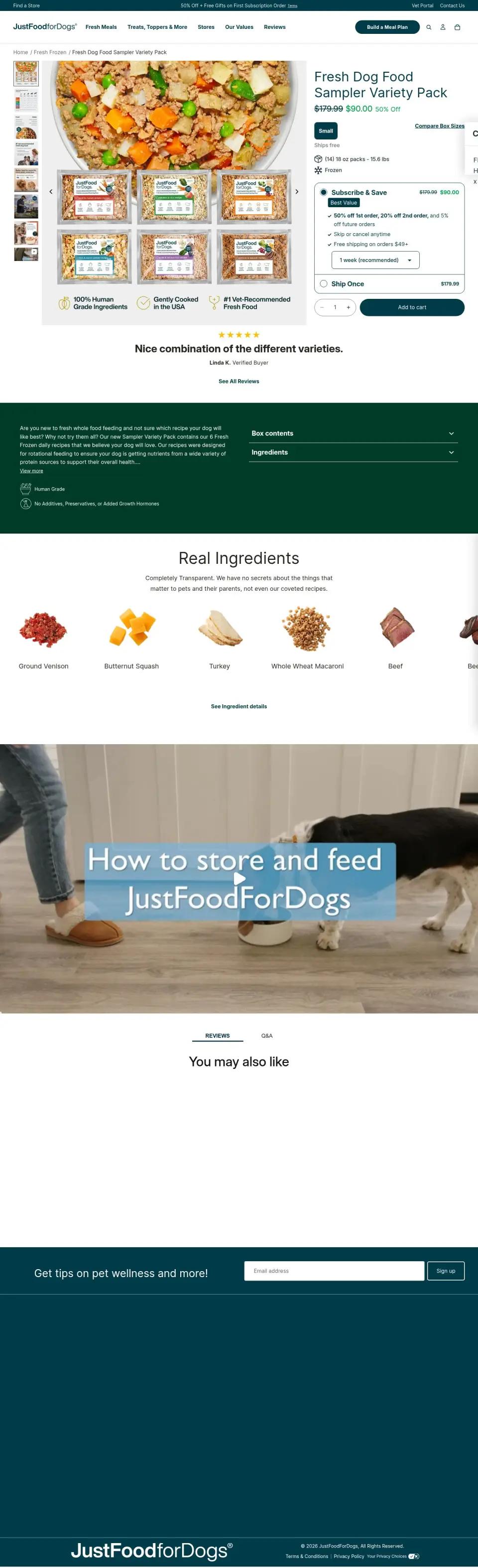 JustFoodForDogs product page on desktop