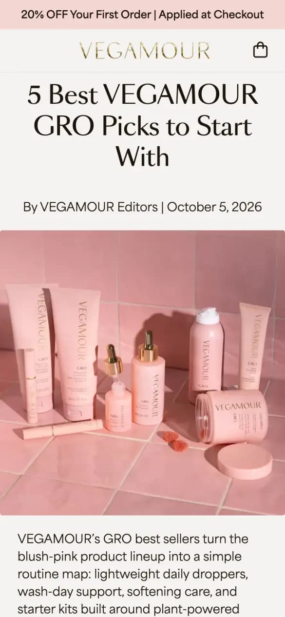 VEGAMOUR's listicle on a phone: a 20% off banner and “5 best VEGAMOUR GRO picks to start with” over pink hair-care products