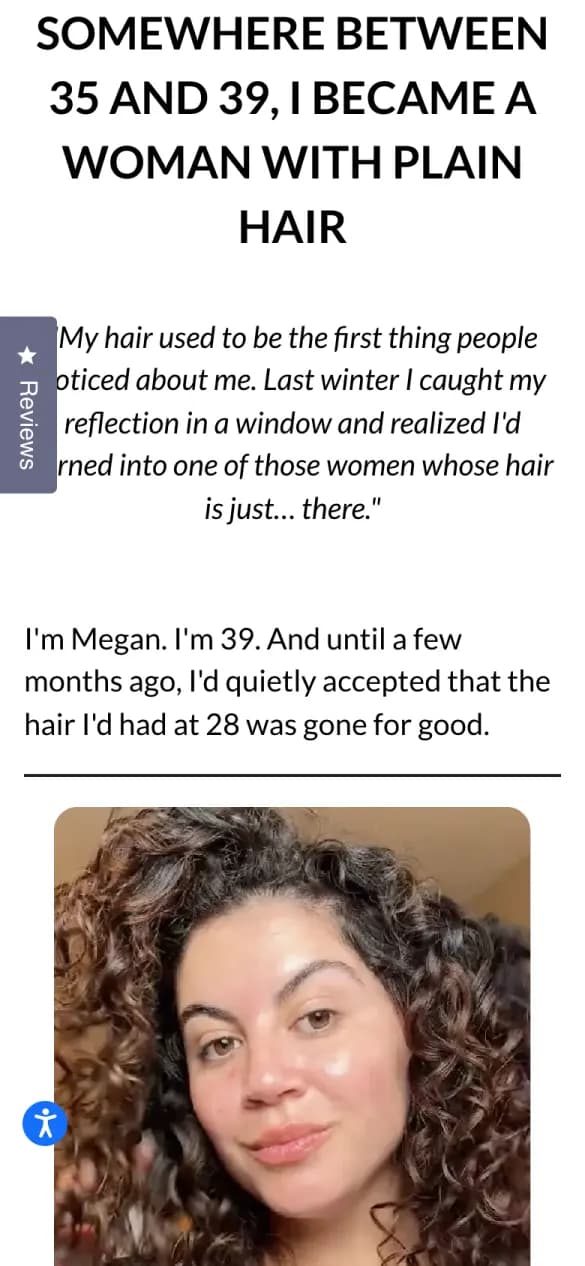 Overtone's article on a phone: the headline “Somewhere between 35 and 39, I became a woman with plain hair” over a first-person story