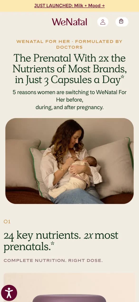 WeNatal's listicle on a phone: “The prenatal with 2x the nutrients of most brands”, a mother holding a baby, then reason one