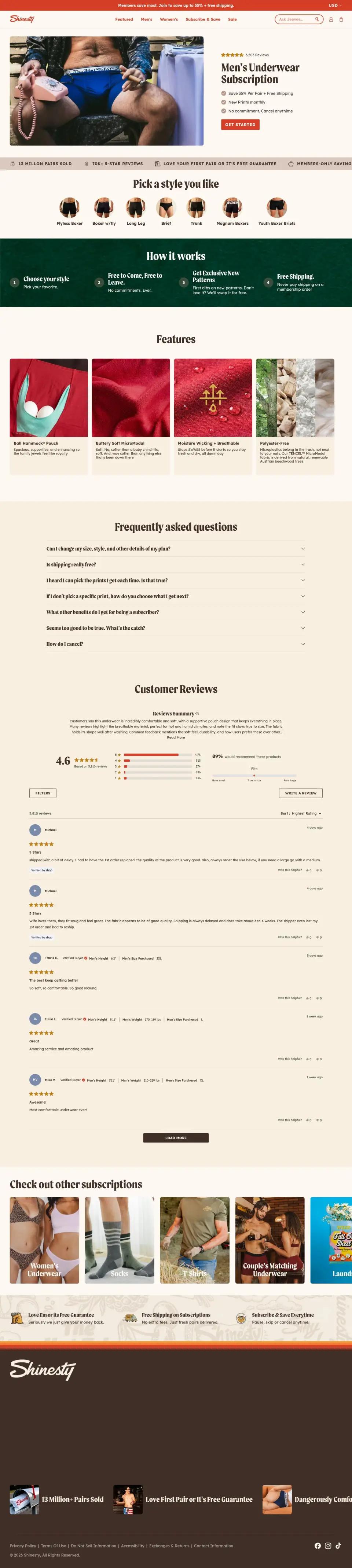 Shinesty product page on desktop