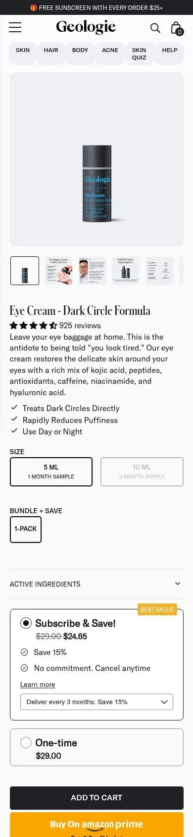 Geologie product page on a phone