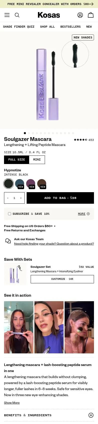 Kosas product page on a phone