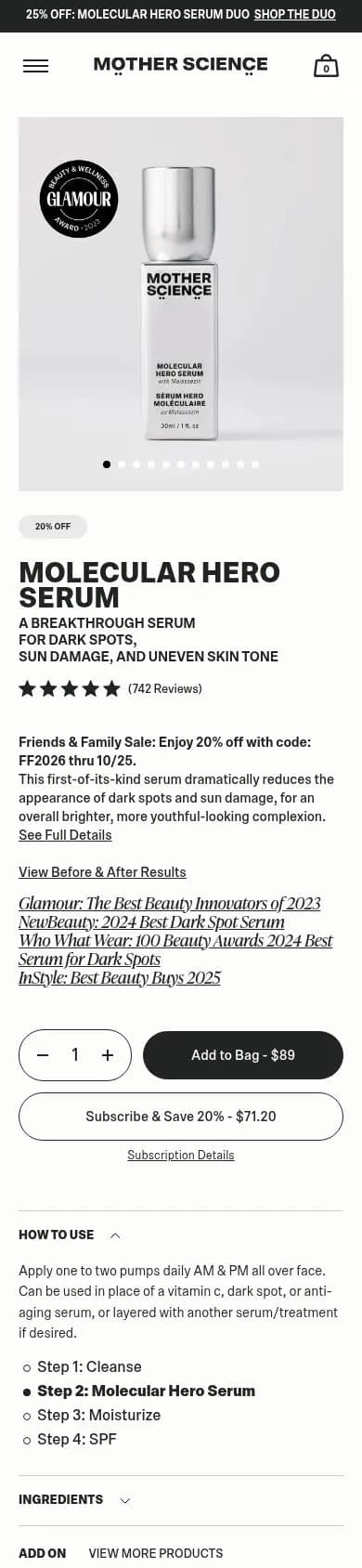 Mother Science product page on a phone