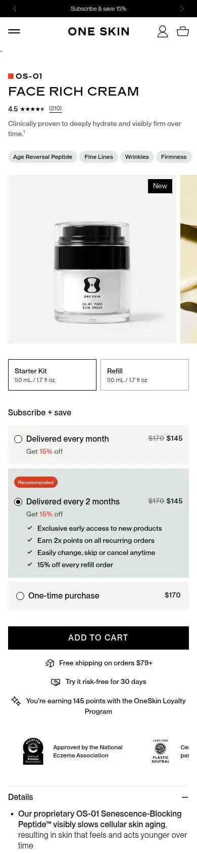 OneSkin product page on a phone