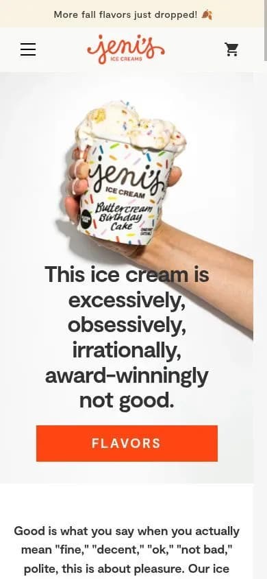 Jeni's page on a phone: a hand holding a pint above the headline “This ice cream is excessively, obsessively, irrationally, award-winningly not good” and a Flavors button