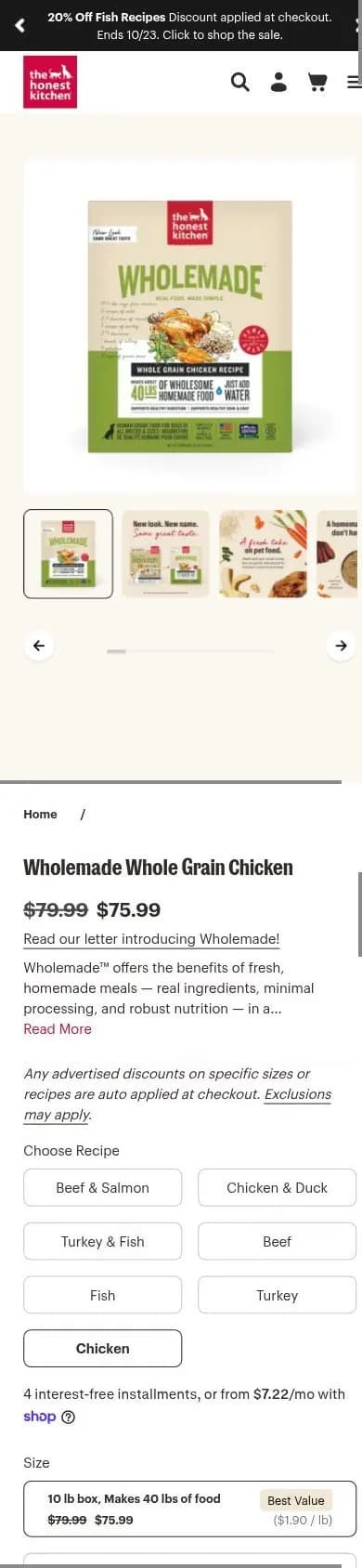 The Honest Kitchen product page on a phone