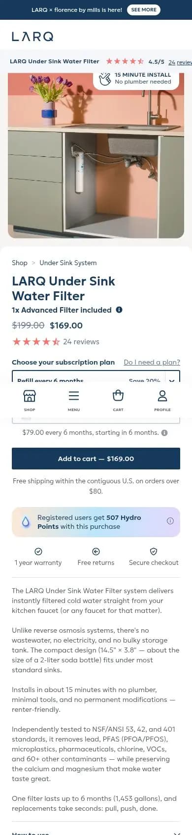 LARQ product page on a phone