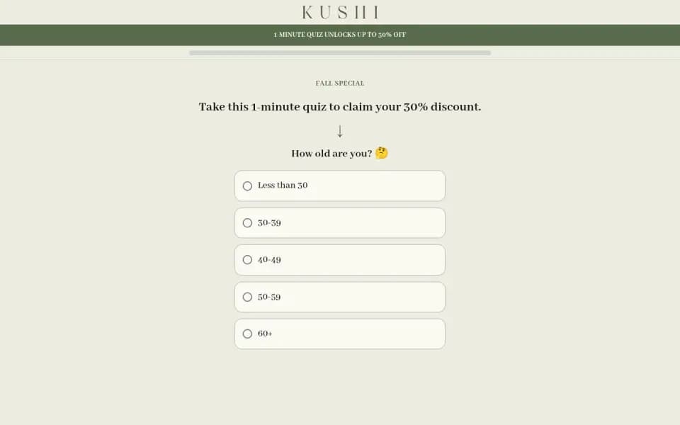 Kushi Beauty quiz page on desktop