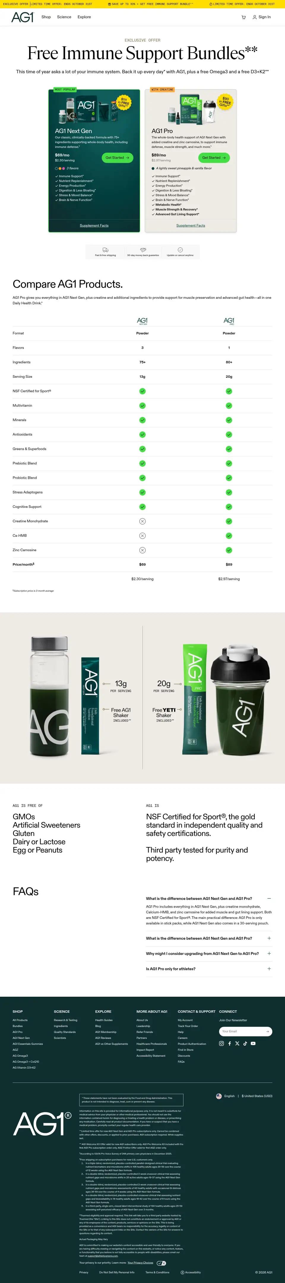 AG1 offer page on desktop