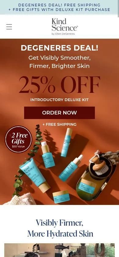 Kind Science's offer page on a phone: “25% off” the introductory deluxe kit, an Order now button and a two free gifts badge