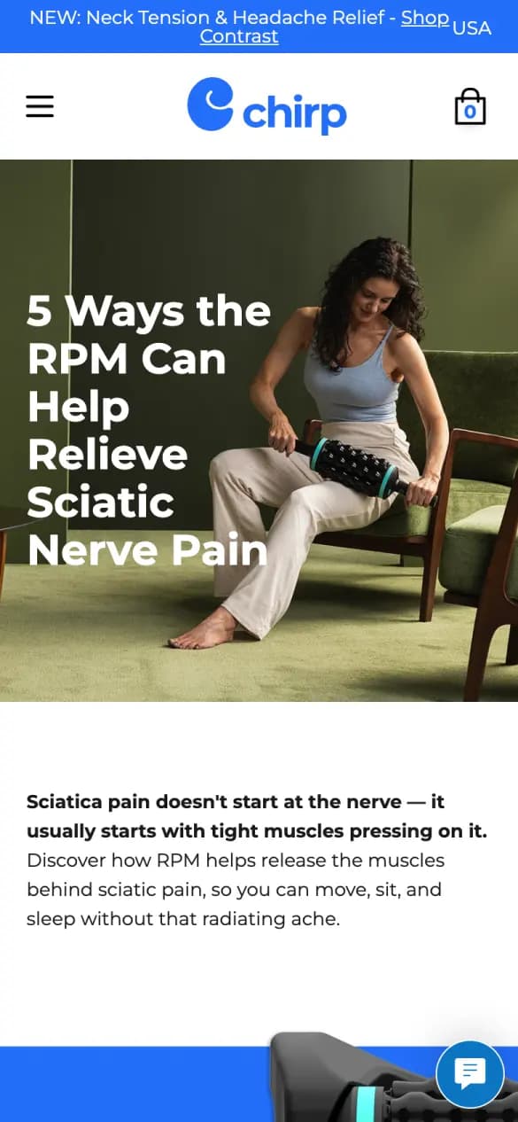 Chirp's article on a phone: “5 ways the RPM can help relieve sciatic nerve pain” over a woman using a foam roller