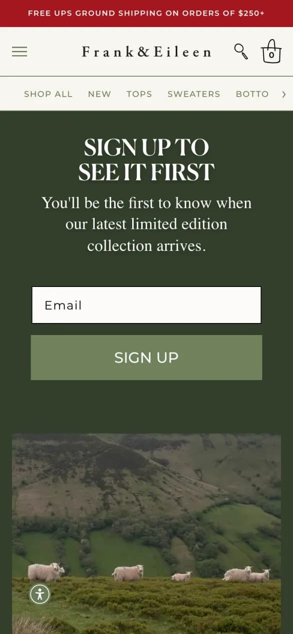 Frank & Eileen's sign-up page on a phone: “Sign up to see it first” with one email field and a Sign up button